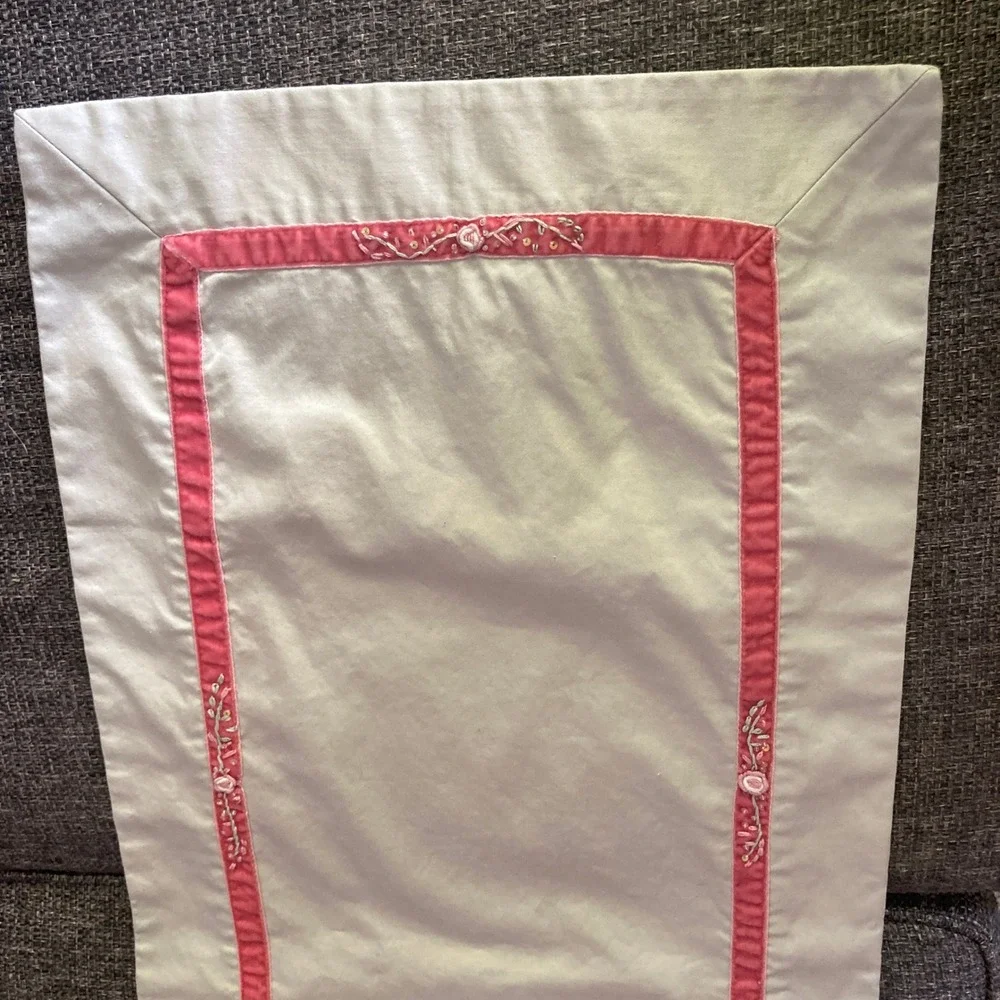 Pier 1 Table Runner 14x69 Light Green Pink Embroider Ribbon Trim Country Cottage